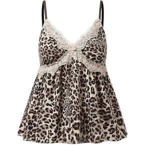 Women's Leopard Print Flared Ruffle Shirred Camisole Tops Loose Lace Trim Spaghetti Strap Cami Shirts
