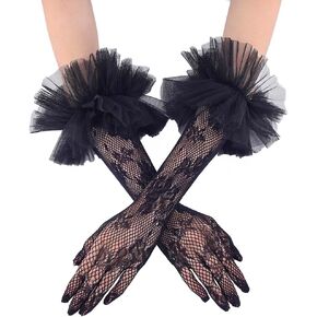Campsis Fishnet Gloves Black Lace Gloves Ruffles Tea Party Gloves Floral Mesh Gloves Party Costume Dress Accessories for Women and Lady