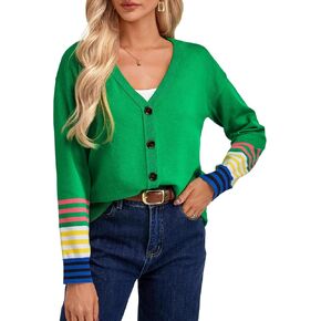 FAIRY SEASON Women's Knit Cardigan Sweaters Striped Color Block Long Sleeve Open Front Button Down V Neck Lightweight Outwear