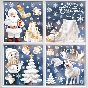 Christmas Window Stickers Reusable 190Pcs Double Sided Xmas Window Stickers Christmas Scene, White Christmas Snowflake Reindeer Stickers, Static Window Clings for Christmas Decorations