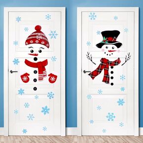 4pcs Christmas Door Stickers, Winter Christmas Snowman Face Clings Glass Stickers Large with Snowflake Decals for Window Garage Door Refrigerator Wall Xmas Decor Decorations