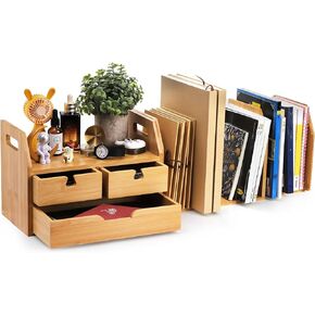 منظم مكتب من الخيزران من ZENFUN مع درج، صندوق منظم خشبي، منظم سطح من الخيزران، رف كتب لسطح المكتب مع مساحة تخزين قابلة للتمديد، منظم صندوق المكتب، منظم أدراج سطح المكتب in Kuwait