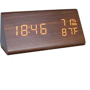 Lancoon Wooden Digital Alarm Clock, Time Date 12/24H Temperature Humidity Display Sound Activation 3 Level Brightness Battery Operated Desk Clocks for Home Bedroom