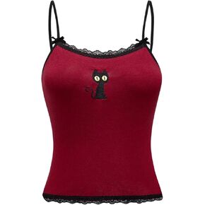 Floerns Women's Sleeveless Cat Embroidery Striped Scoop Neck Contrast Lace Cami Tops
