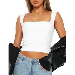 BORIFLORS Women's Sexy Square Neck Tank Top Double Lined Going Out Tops Trendy Basic Sleeveless Crop Tops