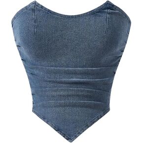 Floerns Women's Asymmetrical Hem Denim Tube Top Zip Up Denim Corset Top