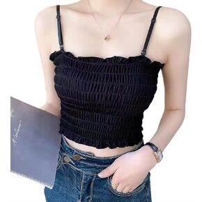 Womens Summer Trendy Sleeveless Y2K Ruffle Crop Top Square Neck Detachable Spaghetti Strap with Built in Bras