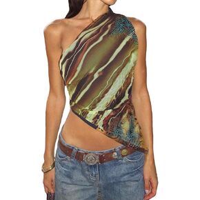 SOLY HUX Women's Graphic Print One Shoulder Sleeveless Asymmetrical Hem Crop Tank Tops