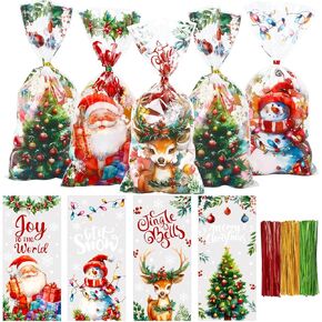 DIYASY Christmas Cellophane Treat Bags, 160 Pcs Xmas Goodie Bags Plastic Candy Bag Clear Food Snack Bag with Twist Ties Small Gift Goody Bags for Cookies Party Favor Supplies
