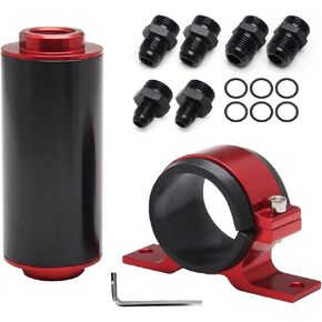 Inline Fuel Filter Kit 6AN 8AN 10AN Adapters 50mm 100 Micron Flow with Fuel Pump Filter Bracket, for Gasoline E85 Ethanol Fuel and Diesel for 3/8, 1/2, 5/8 Fuel Hose Line Universal Red
