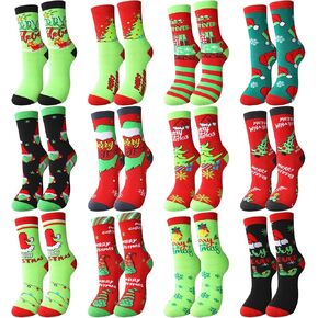 12 Pcs Green Santa hat Socks Christmas Socks Merry Christmas Holiday Crew Socks lime Green Hat Snowflake Tree Pattern Cute Cartoon Socks Funny Gifts for Women Adult