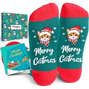 HAPPYPOP Christmas Gifts Stocking Socks for Cat Lovers - Christmas Socks for Teens, Green Cat Mom Dad Socks for Women Men with Greeting Card