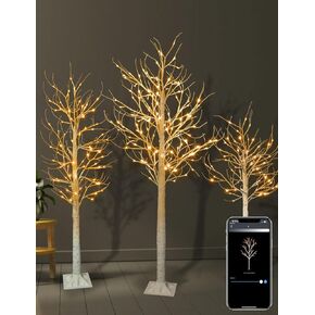 Set of 3 Smart Lighted Birch Tree 4FT 5FT 6FT, 18 Modes Bluetooth App Control with Timer, Birch Christmas Tree with 265LED White Lights Higher Size for Christmas Decorations Indoor Outdoor Yard