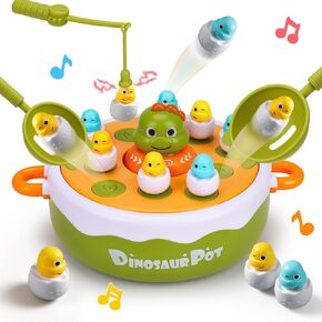 4 IN 1 Dinosaur Pop Up Board Games for Kids Magnetic Fishing Turntable Rotating Music Dino Car Tic-Tac-Toe Developmental Toys Boy Girl Birthday Gift Family Operation Games Toddlers 3-5 4-6 5-7 4-8