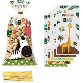 CSTYWC 50PCS Jungle Animal Party Favors Bags Safari Animal Plastic Goody Treat Bags Safari Jungle Cellophane Gift Bags for Baby Shower Favors Jungle Themed Party Supplies