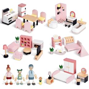 Wooden Dollhouse Furniture Set with 4 Family Dolls, 36 Pcs Sanlebi Doll House Accessories and Furniture, Miniature Furniture Including 5 Room Kits, Pretend Play Toy Gift for Boys Girls Toddler 3+