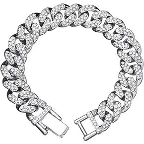 Solid 925 Sterling Silver Cuban Link Bracelet for Men / 18cm 21cm Mens Diamonds Prong Set Bracelet Great Gift Idea (Silver, 21cm)
