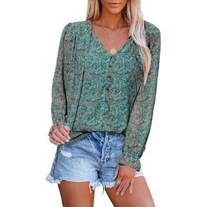 Womens Casual Boho Floral Printed Tops V Neck Drawstring Long Sleeve Button Down Shirts Dressy Chiffon Loose Blouses