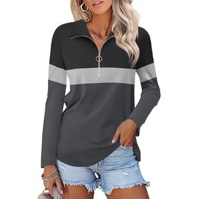Women's Long Sleeve Shirts Quarter Zip Pullover Collared V Neck Tops Fall Blouses
