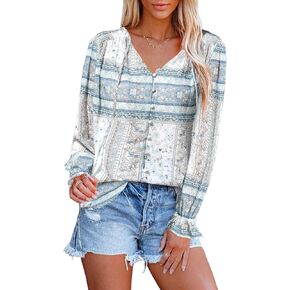 Womens Casual Boho Floral Printed Tops V Neck Drawstring Long Sleeve Button Down Shirts Dressy Chiffon Loose Blouses