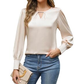 Blooming Jelly Womens Dressy Casual Tops Satin Silk Long Sleeve Shirts Fall Business Blouses Keyhole Crewneck Clothes