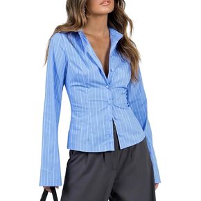 Cicy Bell Womens Striped Button Down Shirts Flare Long Sleeve Collared V Neck Business Work Office Blouse Tops