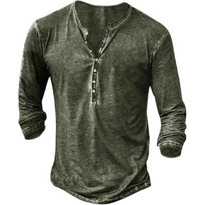 Mens Distressed Henley Shirts Front Placket Retro Long Sleeve Tee Shirts Casual Button Down Washed T-Shirts for Men