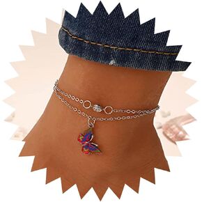 Butterfly Anklet Bracelet Boho Silver Layered Colorful Butterfly Pendant Ankle Chain Single Tiny Square Crystal Butterfly Hawaiian Beach Butterfly Pendant Foot Chain for Women and Girls