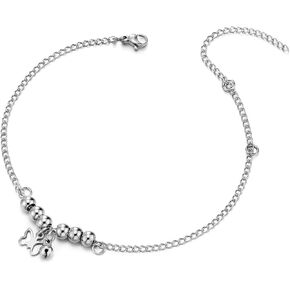 COOLSTEELANDBEYOND Stainless Steel Link Chain Anklet Bracelet with Beads String, Charms of Jingle Bells and Butterfly