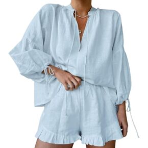 Two Piece Long Sleeve Pleated Tops V Neck Sexy Tops Casual Baggy Tops for Women Baggy Pleated Shorts