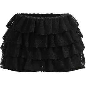 SHENHE Women's Lace Mesh Shorts Bow Front Layered Ruffled Low Waist Sweet Mini Shorts Black Medium