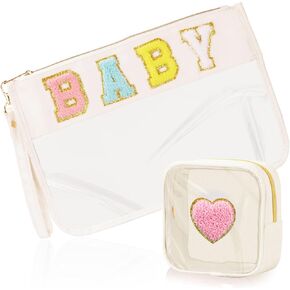 2 Pcs Tennis Gifts Cosmetic Makeup Bag with Chenille Letter Patch, Clear Pouch PVC Organizer Purse, Waterproof Travel Bag, Portable Toiletry Storage Bag for Her Girls Friends Women