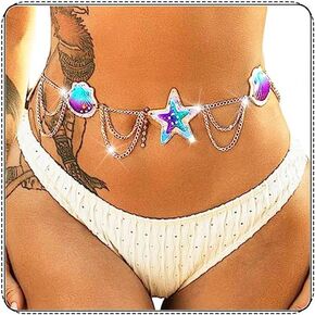 Cosydays Shell Belly Chain Gold Starfish Waist Chains Shiny Body Chain Jewelry Mirrored Summer Beach Bikini Chain Accessories for Women and Girls
