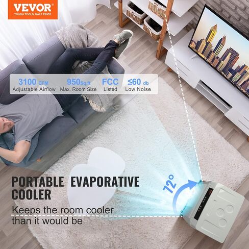 VEVOR Evaporative Air Cooler,1400 CFM 11X31 inch Air Cooler,3 Speeds Cooler Portable Air Conditioner,Energy-Saved Swamp Cooler for party,pool and patio,5 Gal Water Tank & 550 Sq.Ft in Saudi Arabia