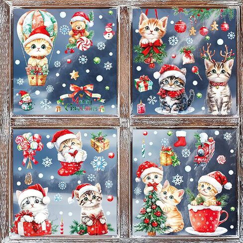 72 قطعة من ملصقات نافذة عيد الميلاد، ملصقات نافذة قطة عيد الميلاد لطيف مزدوج الجوانب ملون على شكل حيوان شجرة عيد الميلاد ندفة الثلج لمستلزمات العطلات المنزلية وديكور زجاج النافذة 9 ورقات in Kuwait