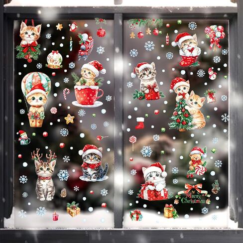 72 قطعة من ملصقات نافذة عيد الميلاد، ملصقات نافذة قطة عيد الميلاد لطيف مزدوج الجوانب ملون على شكل حيوان شجرة عيد الميلاد ندفة الثلج لمستلزمات العطلات المنزلية وديكور زجاج النافذة 9 ورقات in Kuwait