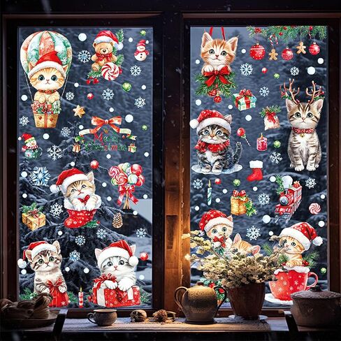 72 قطعة من ملصقات نافذة عيد الميلاد، ملصقات نافذة قطة عيد الميلاد لطيف مزدوج الجوانب ملون على شكل حيوان شجرة عيد الميلاد ندفة الثلج لمستلزمات العطلات المنزلية وديكور زجاج النافذة 9 ورقات in Kuwait