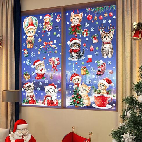 72 قطعة من ملصقات نافذة عيد الميلاد، ملصقات نافذة قطة عيد الميلاد لطيف مزدوج الجوانب ملون على شكل حيوان شجرة عيد الميلاد ندفة الثلج لمستلزمات العطلات المنزلية وديكور زجاج النافذة 9 ورقات in Kuwait