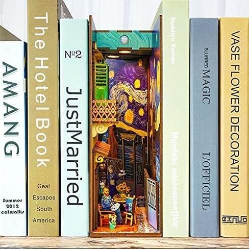 DIY Book Nook Kit, 3D Wooden Puzzle with Human Body Sensor LED Light, DIY Bookshelf Insert Kit, Create a Unique Book Corner Space, Suitable for Teens and Adults (Vincent's World) in Saudi Arabia