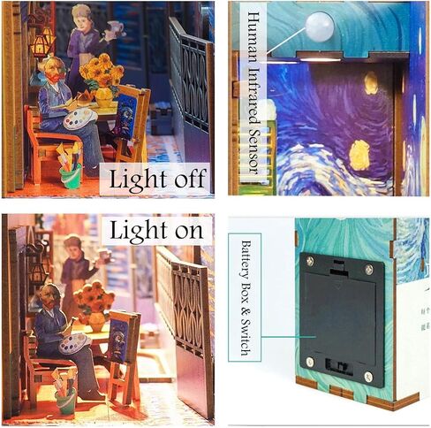 DIY Book Nook Kit, 3D Wooden Puzzle with Human Body Sensor LED Light, DIY Bookshelf Insert Kit, Create a Unique Book Corner Space, Suitable for Teens and Adults (Vincent's World) in Saudi Arabia