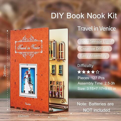 DIY Book Nook Kit, 3D Wooden Puzzle with Human Body Sensor LED Light, DIY Bookshelf Insert Kit, Create a Unique Book Corner Space, Suitable for Teens and Adults (Vincent's World) in Saudi Arabia