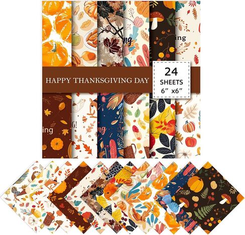 24 Sheets Thanksgiving Day Scrapbook Paper, 6''×6'' Pumpkin Maple Leaves Single -Sided Autumn Themed Decorative Craft Paper for Card Making Origami DIY Journal Album Supplies (T2011) in Saudi Arabia