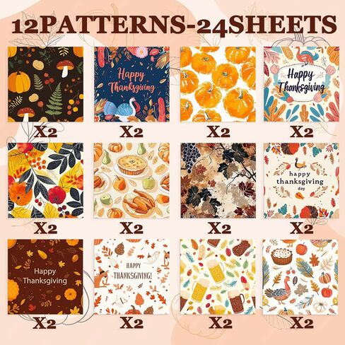 24 Sheets Thanksgiving Day Scrapbook Paper, 6''×6'' Pumpkin Maple Leaves Single -Sided Autumn Themed Decorative Craft Paper for Card Making Origami DIY Journal Album Supplies (T2011) in Saudi Arabia