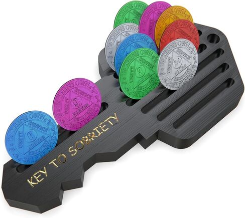 AA Coin Holder Key – AA Chip Holder & Sobriety Coin Holder for 14 Chips – Inspirational AA Recovery Gifts for Milestones – Pine Wood Sobriety Coin Display for Men and Women (Black) in Kuwait
