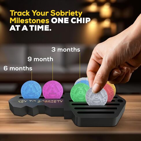 AA Coin Holder Key – AA Chip Holder & Sobriety Coin Holder for 14 Chips – Inspirational AA Recovery Gifts for Milestones – Pine Wood Sobriety Coin Display for Men and Women (Black) in Kuwait