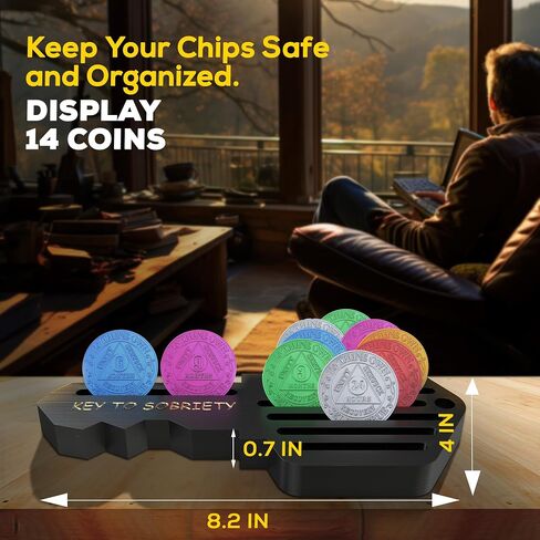 AA Coin Holder Key – AA Chip Holder & Sobriety Coin Holder for 14 Chips – Inspirational AA Recovery Gifts for Milestones – Pine Wood Sobriety Coin Display for Men and Women (Black) in Kuwait