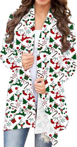 BOUTIKOME سترة عيد الميلاد للنساء سترة شجرة عيد الميلاد القبيحة كم طويل قميص الجبهة المفتوحة الجبهة حجم كبير عطلة القمم in Kuwait