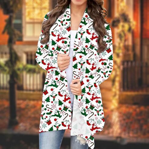 BOUTIKOME سترة عيد الميلاد للنساء سترة شجرة عيد الميلاد القبيحة كم طويل قميص الجبهة المفتوحة الجبهة حجم كبير عطلة القمم in Kuwait