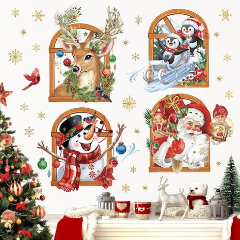 wondever 3D Christmas Window Wall Stickers Santa Claus Penguins Snowman Reindeer Christmas Window Wall Art Decals for Christmas Party Window Xmas Home Party in Saudi Arabia