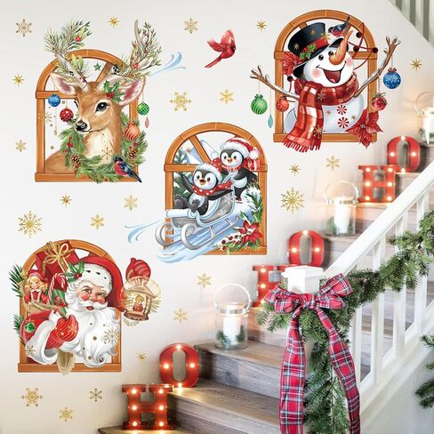 wondever 3D Christmas Window Wall Stickers Santa Claus Penguins Snowman Reindeer Christmas Window Wall Art Decals for Christmas Party Window Xmas Home Party in Saudi Arabia